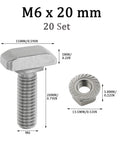 Top Shelf 304 Stainless Steel M6 X 20 T Slot Bolts And Hammer Head Screws With Rust Beater Finish For Cnc Routers And Woodworking Benchtop Machines Solid Pack Of Twenty showing M6 bolt and nut dimensions.