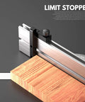 Heavy Duty Precision Miter Gauge For Table Saw With Reliable Miter Fence And Custom T Slot Fit showing a limit stopper on a wooden workpiece.