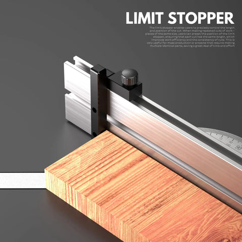 Heavy Duty Precision Miter Gauge For Table Saw With Reliable Miter Fence And Custom T Slot Fit showing a limit stopper on a wooden workpiece.