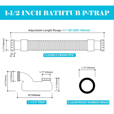 1-1/2 inch bathtub P-trap with flexible drain pipe and rubber rings, for versatile plumbing setups, matching One Point Five Inch Low Profile Tub Drain Kit With Flexible P Trap And Easy Turn End Nuts For Freestanding Clawfoot Tubs And RV Showers A Slick No Sweat Setup That Yields Pure Drip Free Peace Of Mind All Day Long.