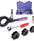 Heavy Duty Copper Pipe Press Tool For 1 Inch 1 25 And 1 5 Fittings with modular jaws and ergonomic grip, suitable for plumbing jobs.