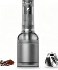 Kick Up Your Daily Brew Game With This Portable Electric Coffee Grinder Featuring 45 Precision Settings And Stainless Steel Conical Burrs A Straight Up Game Changer For Espresso Pour Over Drip Or Cold Brew Creations All Day, showing the grinder with beans and conical burr.