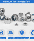 Kickstart Your Next Build With This Top Shelf 150 Piece Lock Nuts Assortment Kit Featuring Heavy Duty 304 Stainless Steel Nylon Insert Self Clinching Hex Nut Set For Smooth Diy And Home Repairs close-up of premium 304 stainless steel lock nuts with nylon inserts.
