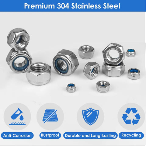 Kickstart Your Next Build With This Top Shelf 150 Piece Lock Nuts Assortment Kit Featuring Heavy Duty 304 Stainless Steel Nylon Insert Self Clinching Hex Nut Set For Smooth Diy And Home Repairs close-up of premium 304 stainless steel lock nuts with nylon inserts.