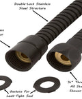 72 Inch Flexible Shower Hose For Handheld Showerhead In Oil Rubbed Bronze Stainless Steel Outer Tube Extra Long And Durable Tough As Nails Built To Last Corrosion Resistant And High Pressure Safe Double Buckle Connector For A Tight Leak Free Fit showing connectors and gaskets