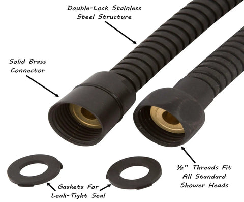72 Inch Flexible Shower Hose For Handheld Showerhead In Oil Rubbed Bronze Stainless Steel Outer Tube Extra Long And Durable Tough As Nails Built To Last Corrosion Resistant And High Pressure Safe Double Buckle Connector For A Tight Leak Free Fit showing connectors and gaskets