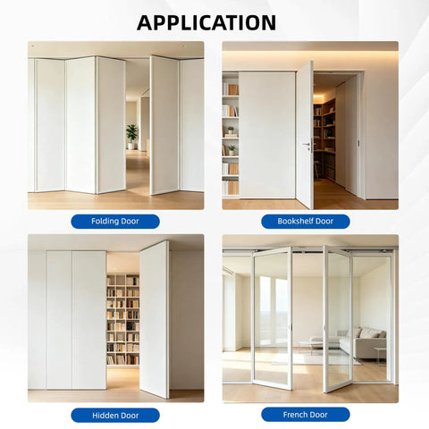 Application examples of 2 Pack 6 Inch Hidden Door Hinges Heavy Duty Matte Silver Zinc Alloy with folding, bookshelf, hidden, and French doors.
