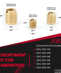 Brass knife threaded inserts for hardwood kit with drill and drive tool, showing assortments M3-0.5 to M10-1.5, 60 pieces.