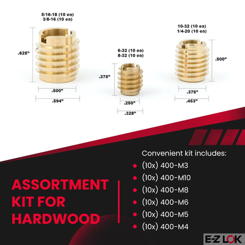 Brass knife threaded inserts for hardwood kit with drill and drive tool, showing assortments M3-0.5 to M10-1.5, 60 pieces.