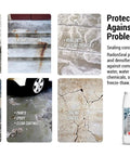 Deep Penetrating Concrete Sealer For Basement Floors And Foundation Walls Keeps Your Slab Bone Dry With A Rock Solid Noncoating Bond 5 Gallon Tank image showcasing different concrete issues like efflorescence and corrosion.