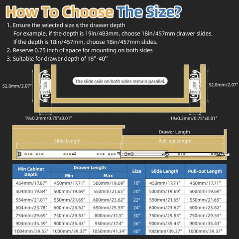 Size chart for heavy duty locking drawer slides with full extension ball bearing side mount rails ideal for tool boxes and cabinets.