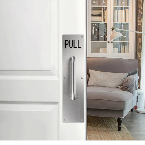 16 Inch Stainless Steel Door Handle Pull And Push Plate Kit With Screws Heavy Duty Gate Handle Bar For Home Office Warehouse Public Fits Wooden Or Composite Doors Brushed Silver on white pull door