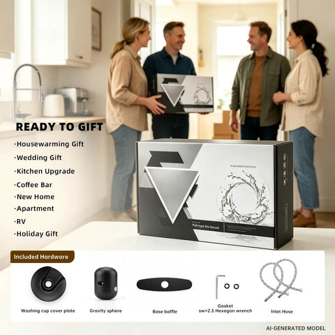 Image of a Commercial Grade Kitchen Workstation Faucet with Glass Rinser & LED box being carried by two people in a kitchen.