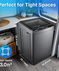 Built Tough 27 Lbs Full Automatic Washer And Spinner Combo With 10 Programs And 8 Water Levels, No Sweat Portable Laundry Machine For Tiny Apartment Dorm Or Rv Setup In Grey installed in a compact space with dimensions.