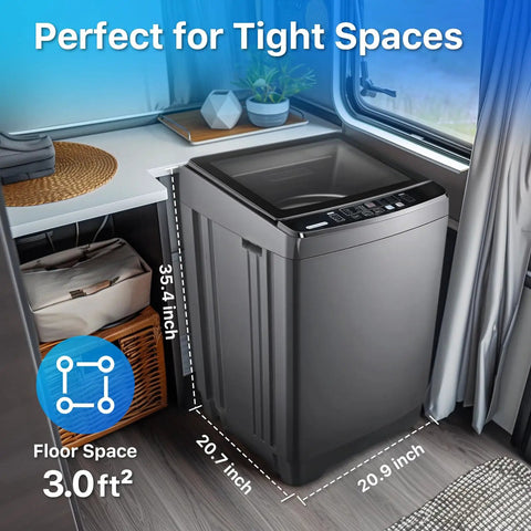 Built Tough 27 Lbs Full Automatic Washer And Spinner Combo With 10 Programs And 8 Water Levels, No Sweat Portable Laundry Machine For Tiny Apartment Dorm Or Rv Setup In Grey installed in a compact space with dimensions.