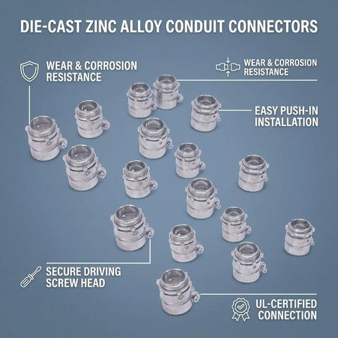Heavy Duty 20 Piece 1 Inch Squeeze Conduit Connectors For Fmc Electrical Systems Die Cast Zinc Alloy with detailed features.