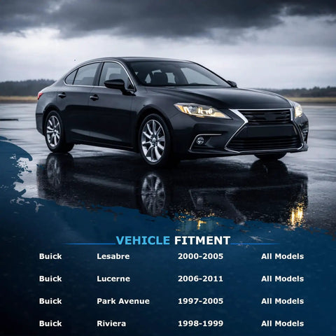 Black sedan with vehicle fitment text for Buick LeSabre, Lucerne, Park Avenue and Riviera model years