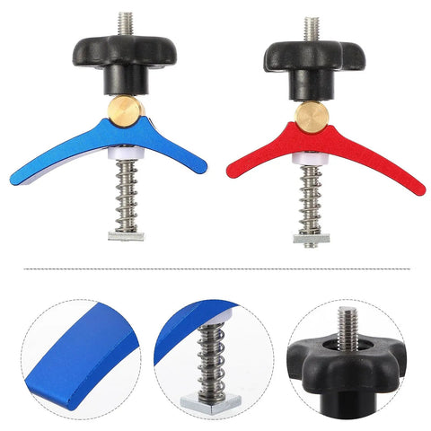 T Track Hold Down Clamp Set With T Slot Clips And T Screws Quick Act Carpentry Track Clamps For Woodworking And DIY Kit Two Pieces In Blue And Red