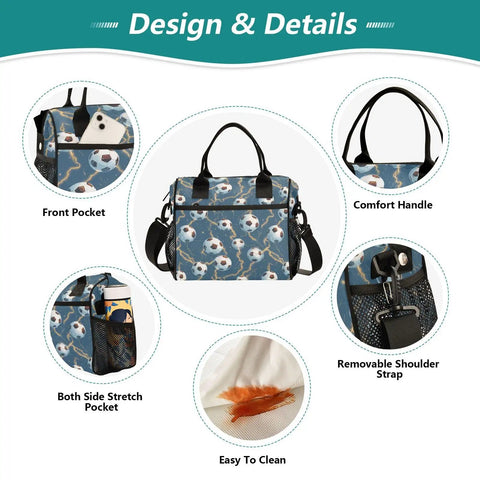 Insulated Lunch Box With Soccer Balls Design Light Blue Medium Grab And Go Meal Prep Lunch Bag Durable Nylon Exterior Pearl Cotton Insulation Keeps Food Fresh All Day Easy Carry Handle, front view