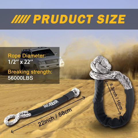 Image showing Soft Shackle 0.5 Inch by 22 Inch With 56,000 Lbs Break Strength, featuring two 4x4 vehicles in a sandy environment.