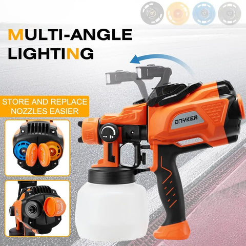 Powerful 800W HVLP Electric Paint Sprayer with LED Light, 1200ml cup, and interchangeable nozzles for versatile spray patterns.