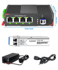 Industrial 5-Port PoE Gigabit Din Rail Ethernet Switch With 4 PoE Plus Ports, 65W Total PoE, 48V Output, 1 X SFP Port And Included LC Module.