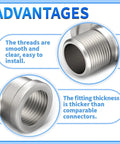 304 Stainless Steel Pipe Fitting Male Branch Tee 1 1/4 Inch Npt Female To Male To Female Thread Adapter showing smooth threads and thick fittings.