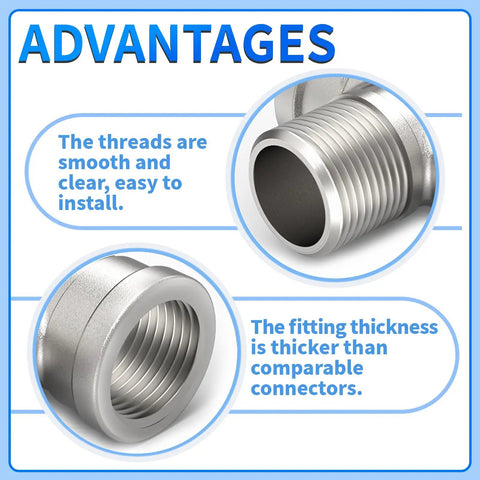 304 Stainless Steel Pipe Fitting Male Branch Tee 1 1/4 Inch Npt Female To Male To Female Thread Adapter showing smooth threads and thick fittings.