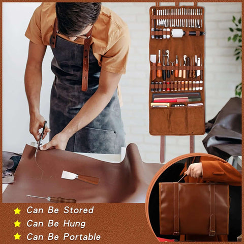 Leather tooling kit with roll-up organizer and tools; person cutting brown leather on workbench.
