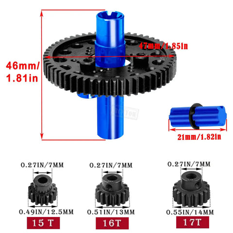 Metal Spur Gear Slipper Clutch 57T 32P With 15T 16T 17T Pinions Upgrade Kit for RC Trucks, dimensions and pinions displayed