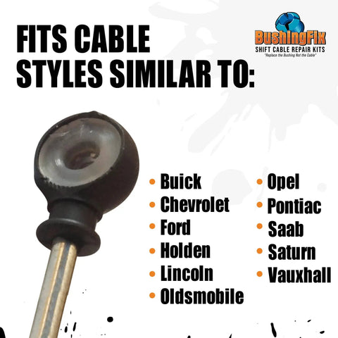 Automatic Transmission Shift Cable Bushing Repair Kit For GM Vehicles Including Buick Rendezvous Terraza Cavalier And Corvette Models, Easy Install, No Brainer Fit, Replaces Worn Shift Bushing For Smooth Shifts And Precise Gear Changes shown with compatibility list.