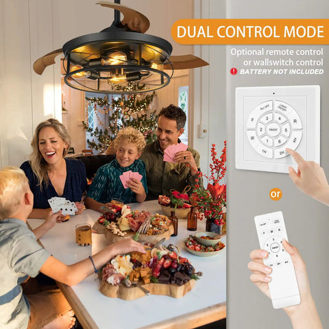 Family playing cards under 42 inch retractable ceiling fan with lights remote control and wall switch inverter dual control