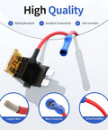 Close-up of 36 Piece 12V Fuse Tap Kit with 5A 10A 15A 20A fuses, showing red copper wire and blue connector.