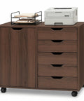 Total Game Changer Smooth Rolling 5 Drawer Wooden Filing Cabinet With Side Door And Adjustable Shelf Mobile Printer Stand Organizer For Home Office Bedroom Coffee Finish with printer and file organizer.