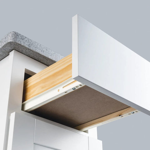 Self Closing 22 Inch Drawer Slides Bottom Mount Cabinet Hardware White Finish Five Pairs Ten Pieces Beefy 50 Pound Weight Capacity Steel Rails Set For Smooth Soft Close Performance installed under white drawer