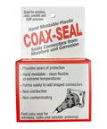 Coax Seal packaging showing hand moldable plastic sealant for coax fittings from moisture and corrosion protection.