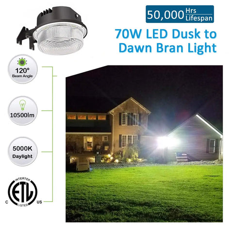 Led Barn Light 70W Dusk To Dawn Outdoor Light With Photocell 10,500 Lumens 5000K Daylight illuminating a house exterior
