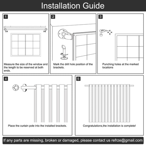 Installation guide for Industrial Blackout Curtain Rod For 34-48 Inch Windows, showing five-step mounting process.