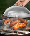 2 Pack Heavy Duty 9 Inch Cheese Melting Dome Stainless Steel Griddle Cover For Flat Top Griddle with sausages on grill
