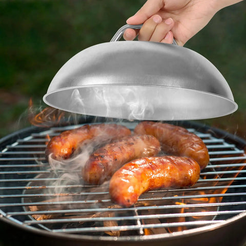 2 Pack Heavy Duty 9 Inch Cheese Melting Dome Stainless Steel Griddle Cover For Flat Top Griddle with sausages on grill