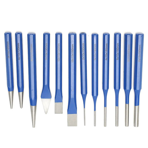 Heavy Duty Workhorse 12 Piece Chisel And Punch Kit In CRV Chrome Vanadium Steel Heat Treated For Engraving And Punching, blue tools