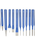 Pro Grade 12 Piece Chisel Punch Kit With Cylindrical Conical And Flat Center Punches Heavy Duty CRV V Steel arranged vertically