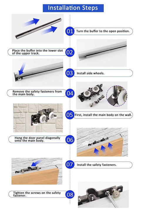 Installation steps for Soft Close Concealed Sliding Barn Door Hardware Kit with Aluminum Bypass Track.