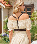 Absolutely Rad Renaissance Belt Pouch For Women, Dope Pirate Halloween Cosplay Hip Bag, Extra Large Capacity Hands Free Smartphone And Keys Holster In Vintage Sepia, worn with an off-shoulder dress.