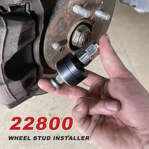 Wheel Stud Installer Tool Pro Grade Replacement for Cars SUVs Light Duty Trucks and RVs shown being used on wheel hub.