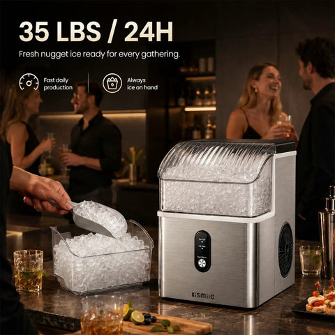 Top Tier Countertop Nugget Ice Maker Churns Out 35 Pounds Of Chewable Pebble Ice In Just Seven Minutes With Self Cleaning Design And Removable Basket For Everyday Chill Sessions In Silver, with ice being scooped.