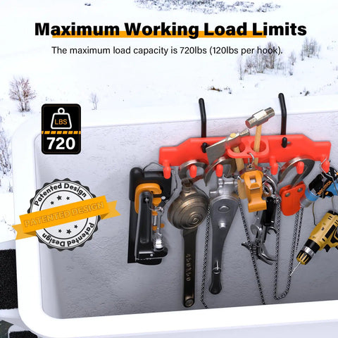 Bucket Truck Hook Organizer And Lineman Tool Board With Six Extended Hooks And Two Rounded Loops, Patented Design
