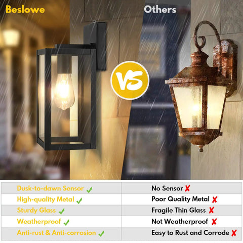 Comparison of 2 Pack Dusk To Dawn Outdoor Wall Lights Matte Black Waterproof Exterior Sconces with clear glass and a rustic sconce.