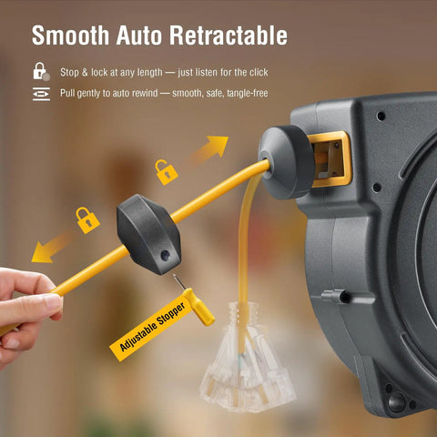50 Ft Retractable Extension Cord Reel With 14 Gauge SJTOW Cable 13 Amp Breaker ETL Listed Lighted Triple Tap close-up