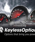Speedometers and a promotional graphic for KeylessOption, showcasing power and performance, set against a dramatic cloudy background.